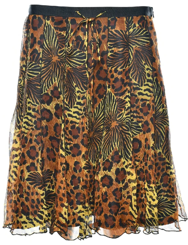 Silk Animal Print Flared Skirt - M